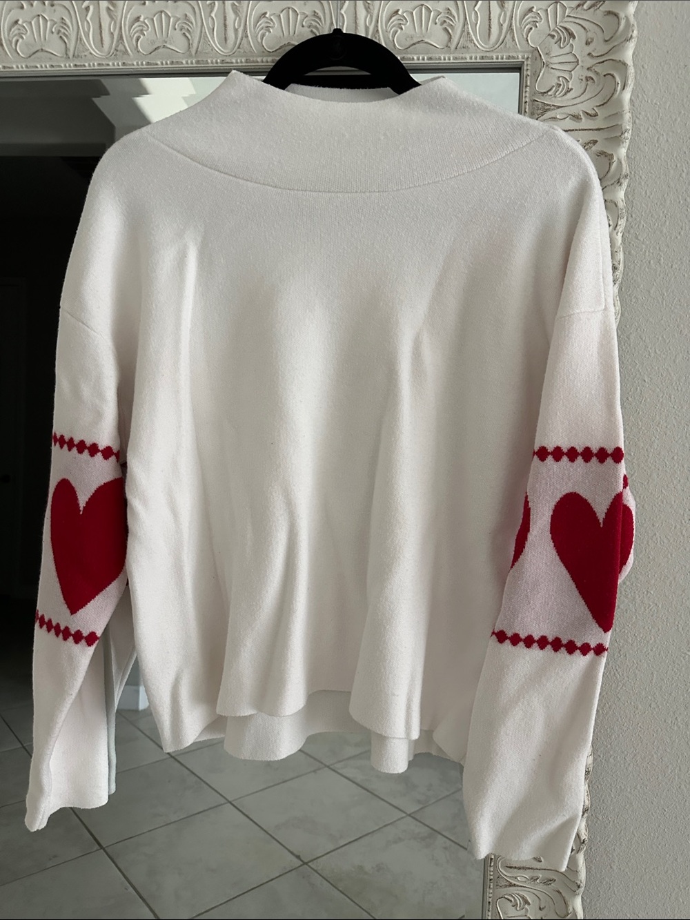 Anthropologie Maeve Crewneck Sweater with Red Heart Sleeve Motifs
